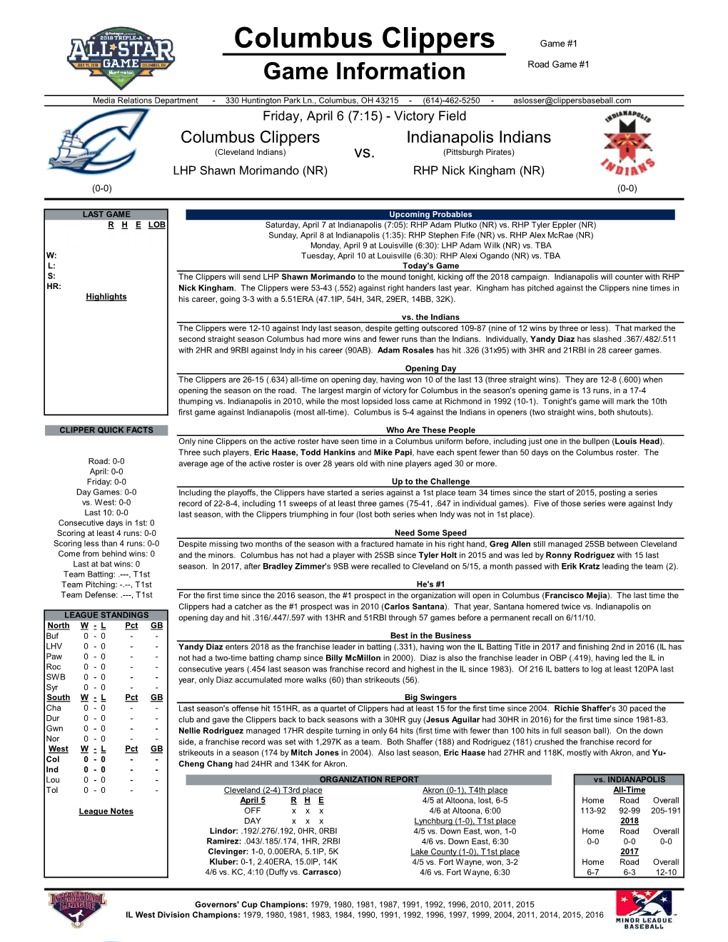 Columbus Clippers Game #1 Game Information Road Game #1