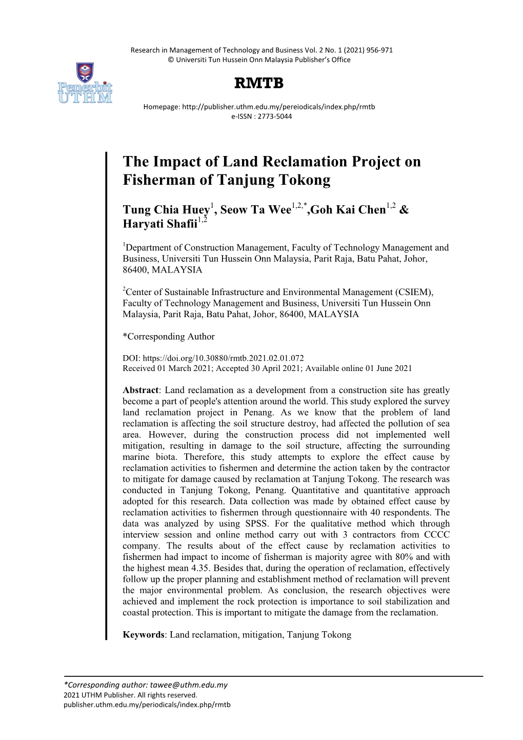 RMTB the Impact of Land Reclamation Project on Fisherman of Tanjung Tokong