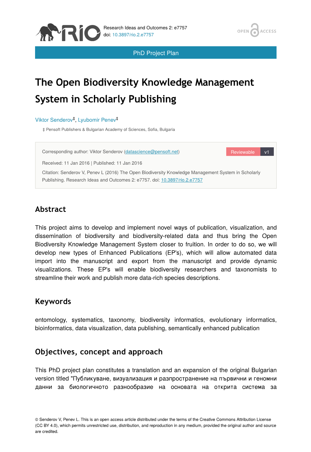 The Open Biodiversity Knowledge Management System in Scholarly Publishing