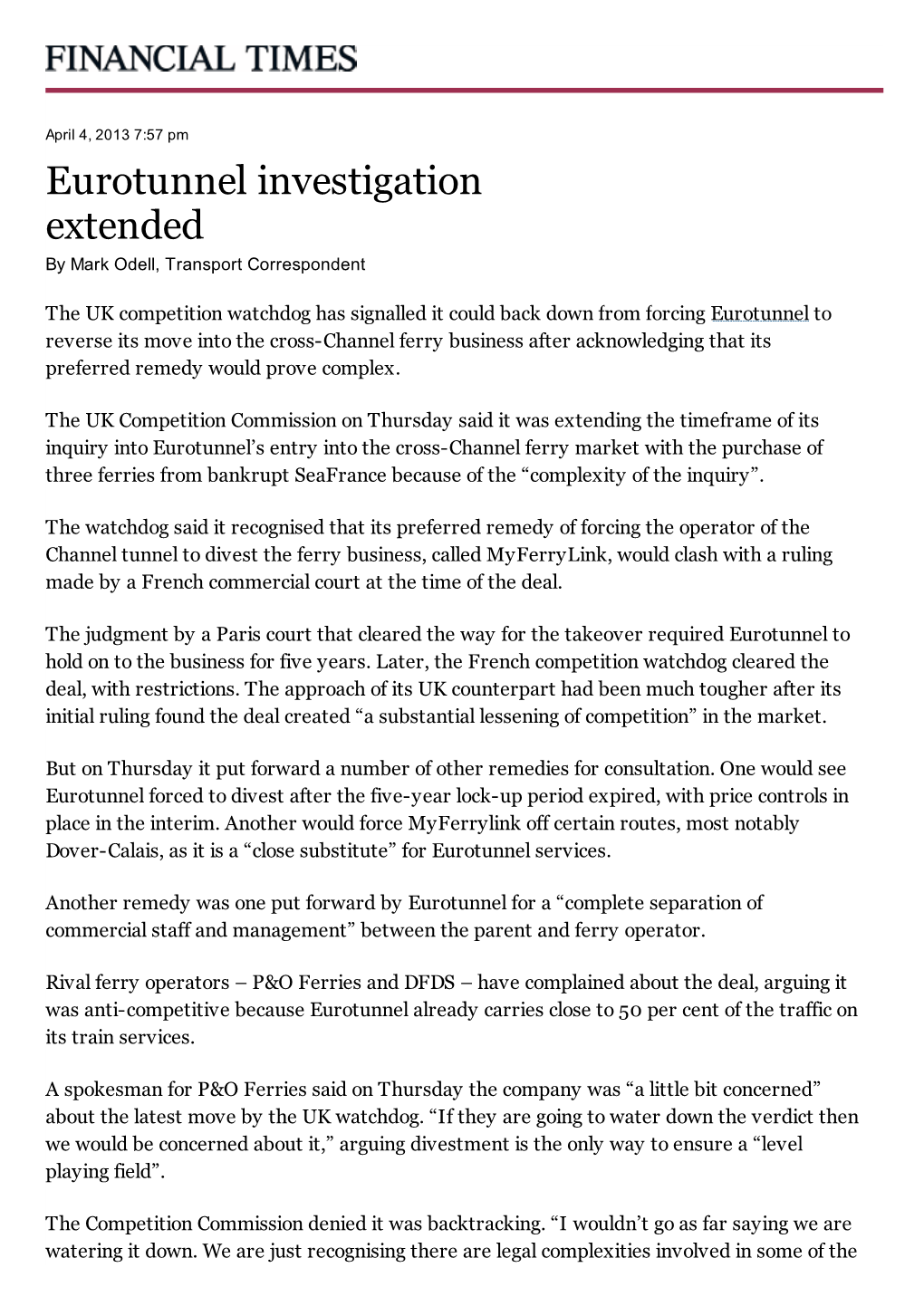 Eurotunnel Investigation Extended by Mark Odell, Transport Correspondent