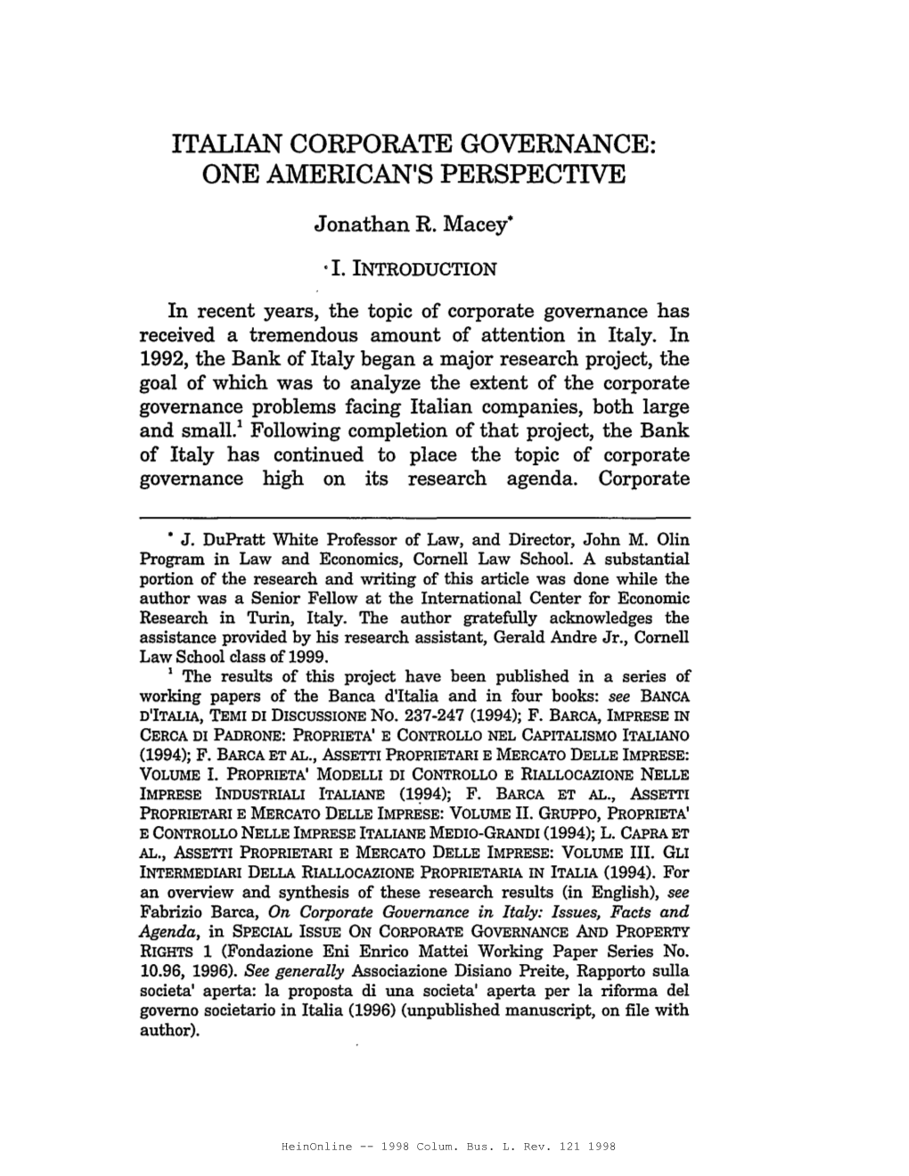 Italian Corporate Governance: One American's Perspective