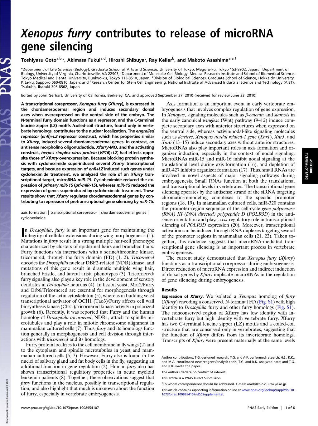 Xenopus Furry Contributes to Release of Microrna Gene Silencing