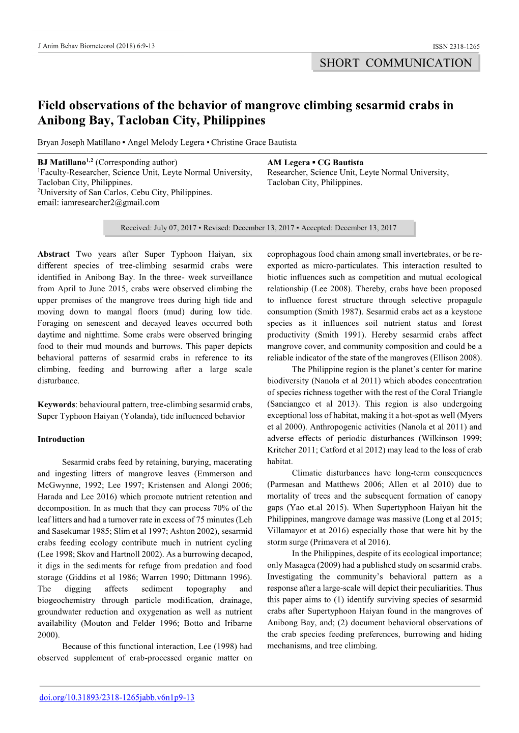 Field Observations of the Behavior of Mangrove Climbing Sesarmid Crabs in Anibong Bay, Tacloban City, Philippines