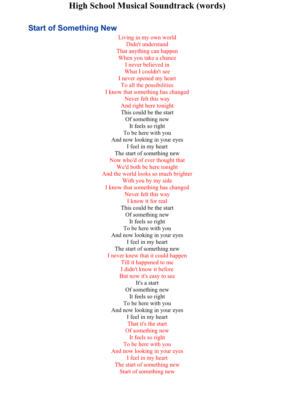 High School Musical Soundtrack (Words) Start of Something