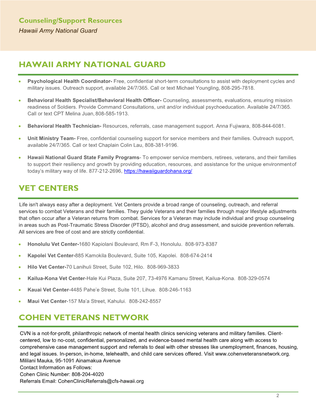 Hawaii Army National Guard Vet Centers Cohen