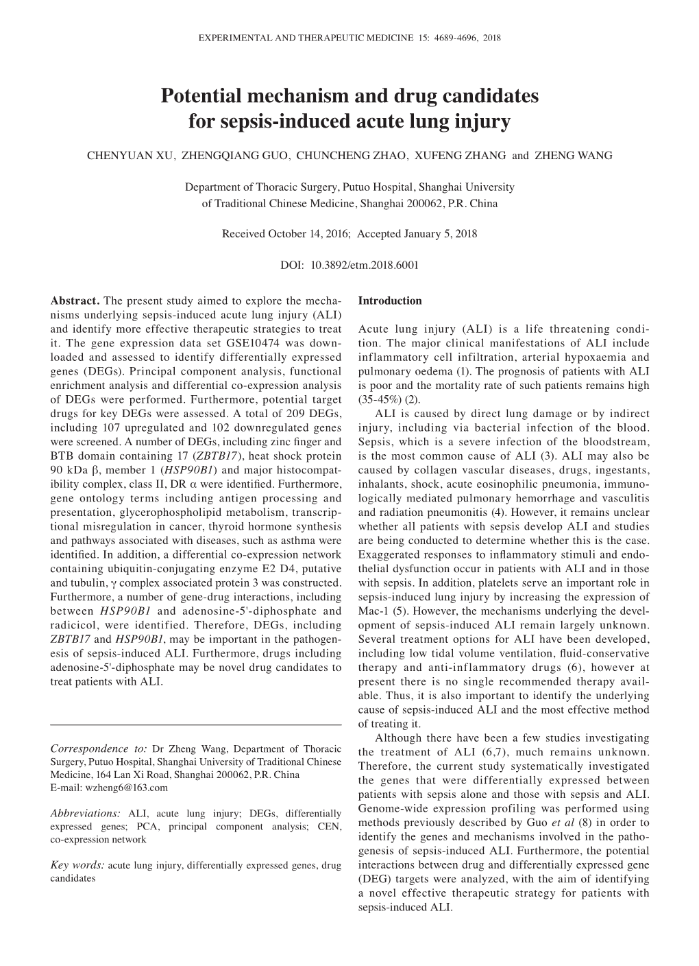 Potential Mechanism and Drug Candidates for Sepsis‑Induced Acute Lung Injury