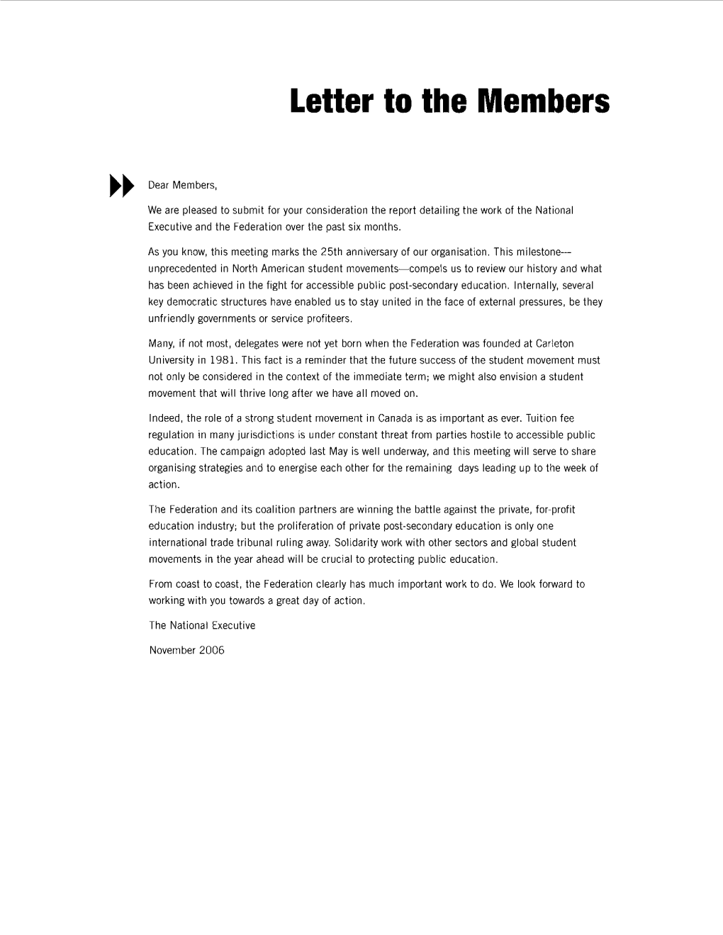 Letter to the Members
