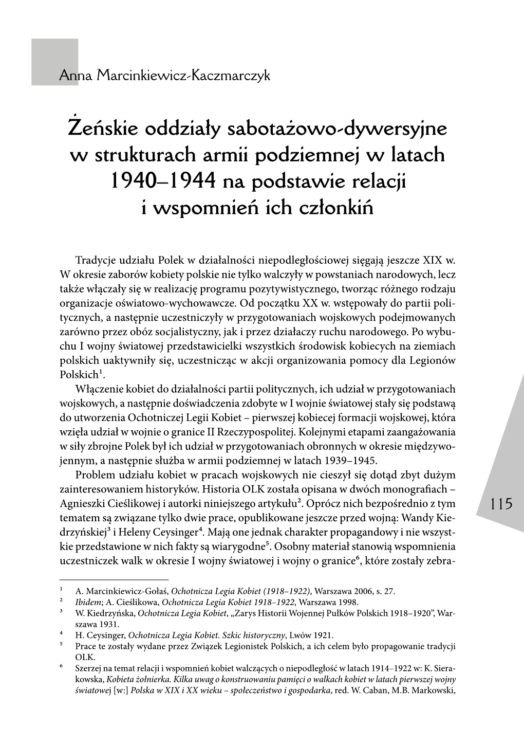 Żeńskie Oddziały Sabotażowo-Dywersyjne W Strukturach Armii Podziemnej W Latach 1940–1944 Na Podstawie Relacji I Wspomnień Ich Członkiń