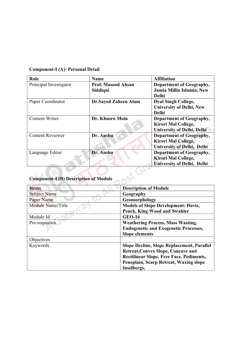 Component-I (A)- Personal Detail Role Name Affiliation Principal Investigator Prof