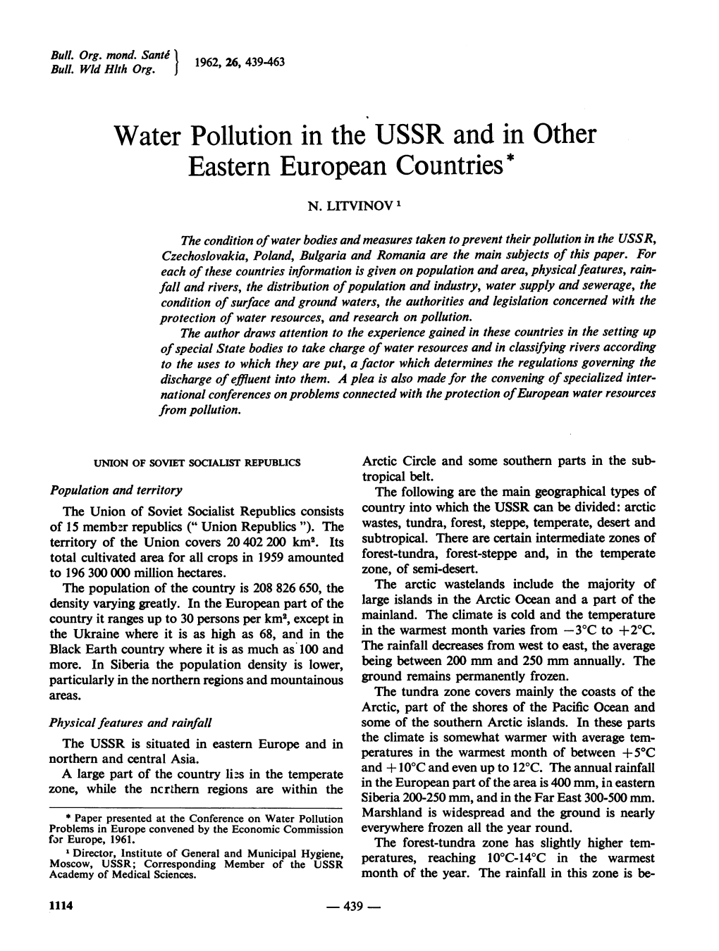 Water Pollution in the USSR and in Other Eastern European Countries*