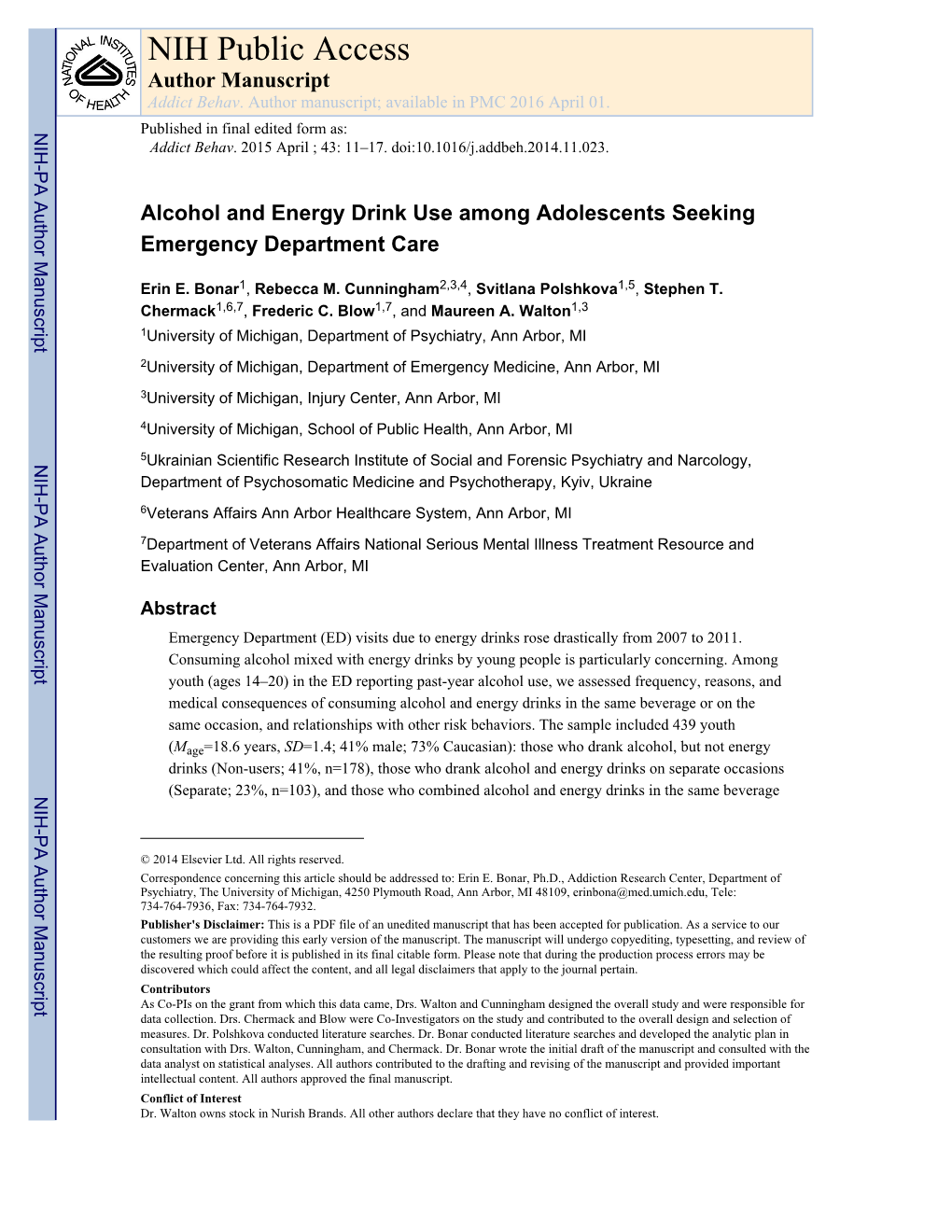 Alcohol and Energy Drink Use Among Adolescents Seeking Emergency Department Care