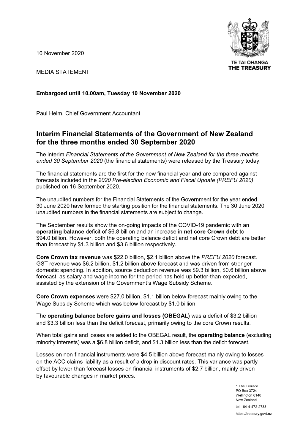 Financial Statements of the Government of New Zealand for The