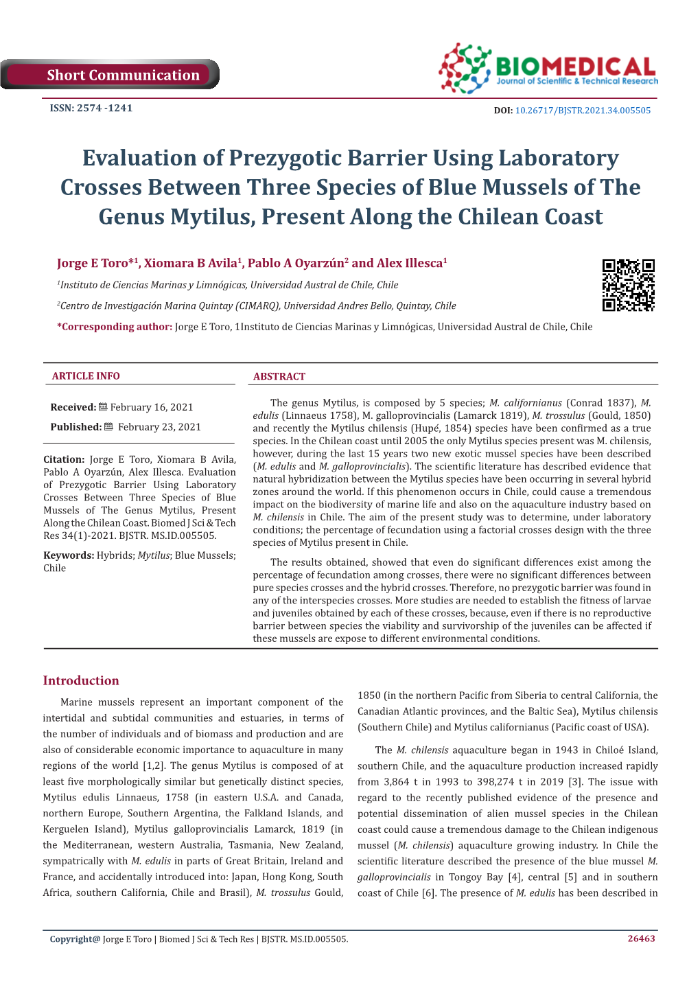 Evaluation of Prezygotic Barrier Using Laboratory Crosses Between Three Species of Blue Mussels of the Genus Mytilus, Present Along the Chilean Coast