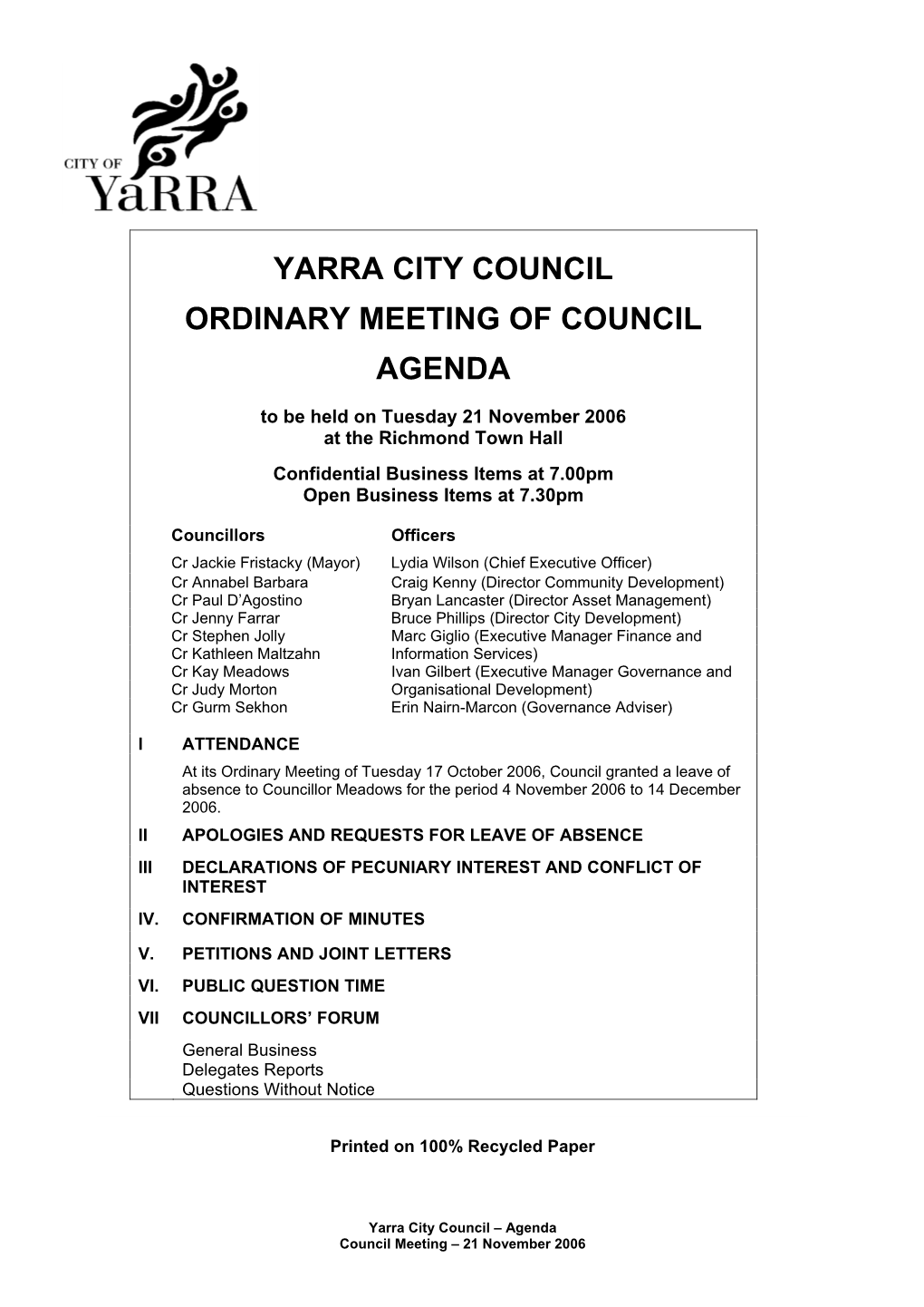Yarra City Council Ordinary Meeting of Council Agenda
