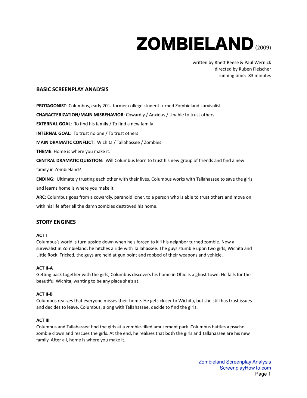 Zombieland Screenplay Analysis Screenplayhowto.Com Page 1 FULL SCREENPLAY ANALYSIS