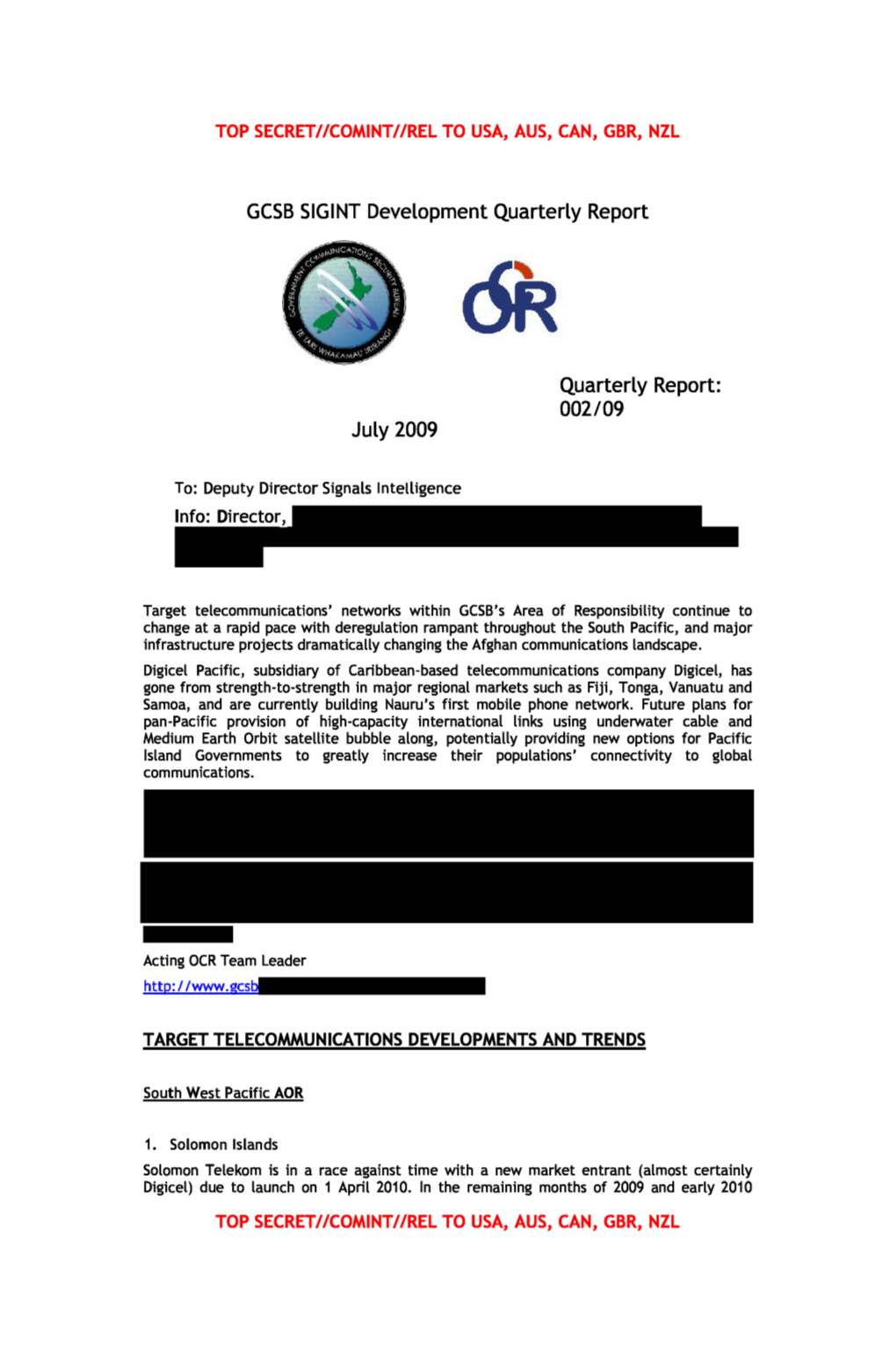 GCSB SIGINT Development Quarterly Report Quarterly Report