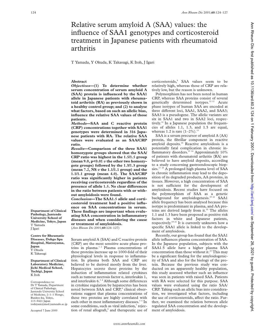 Relative Serum Amyloid a (SAA) Values: the Ann Rheum Dis: First Published As 10.1136/Ard.60.2.124 on 1 February 2001