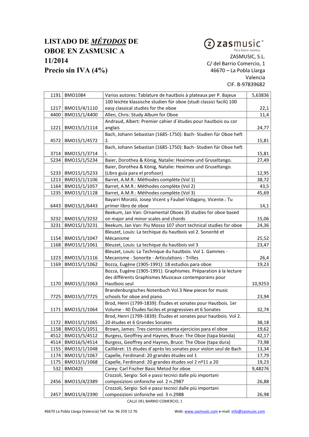 LISTADO DE MÉTODOS DE OBOE EN ZASMUSIC a 11/2014 Precio