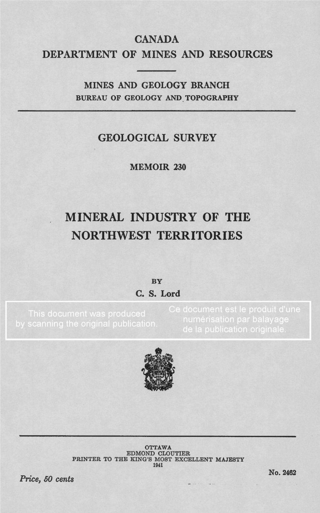 Mineral Industry of the Northwest Territories