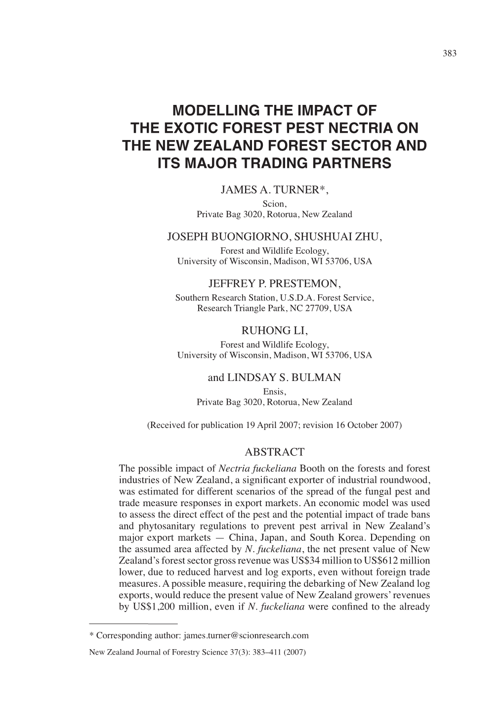 Modelling the Impact of the Exotic Forest Pest Nectria on the New Zealand Forest Sector and Its Major Trading Partners