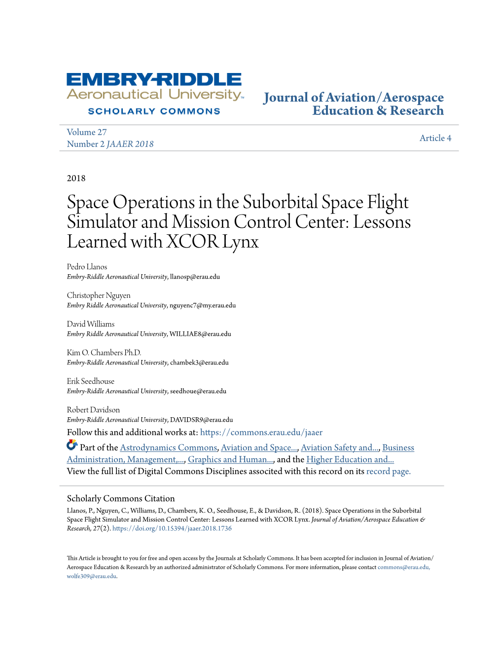 Lessons Learned with XCOR Lynx Pedro Llanos Embry-Riddle Aeronautical University, Llanosp@Erau.Edu