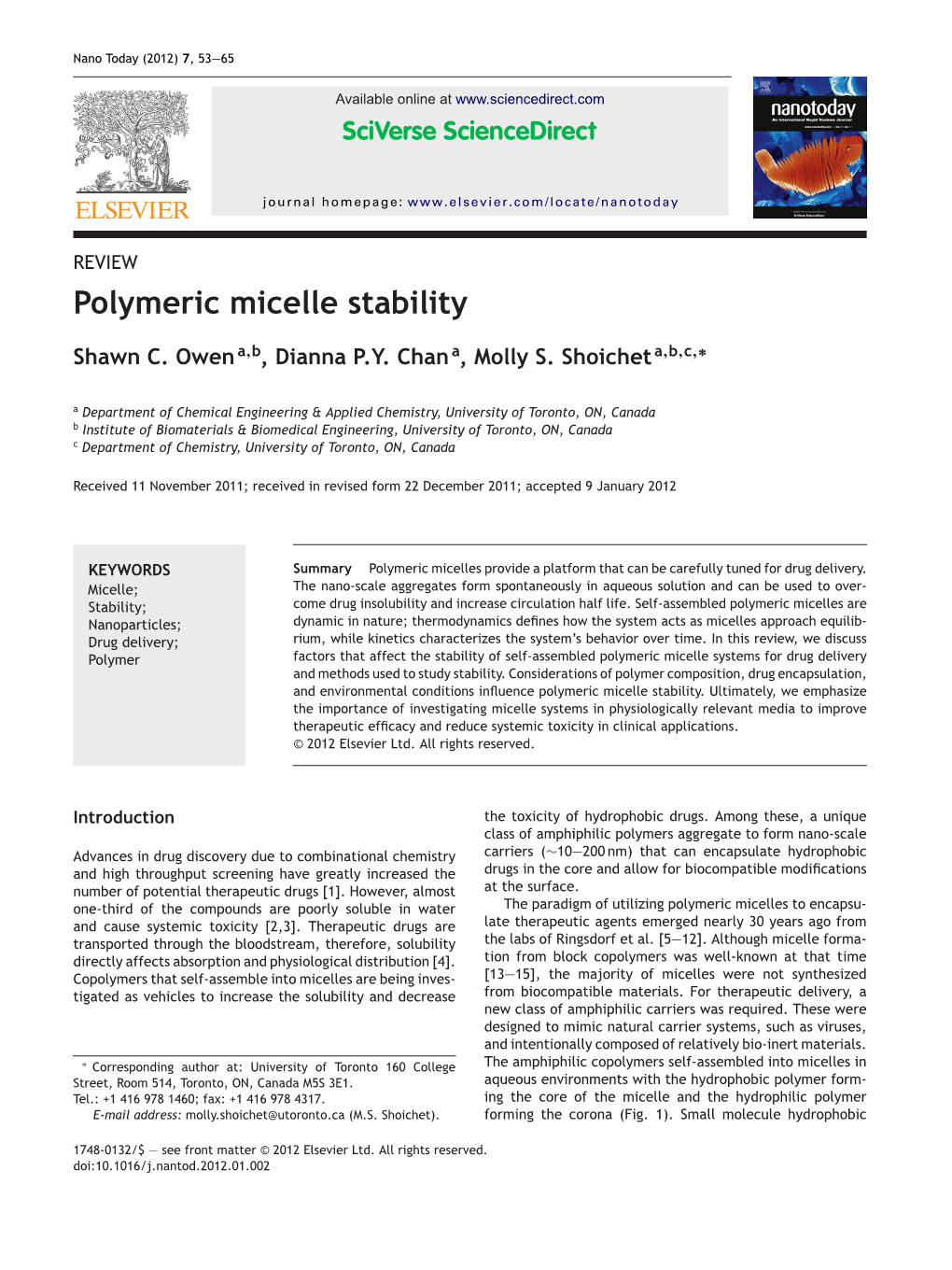 Polymeric Micelle Stability