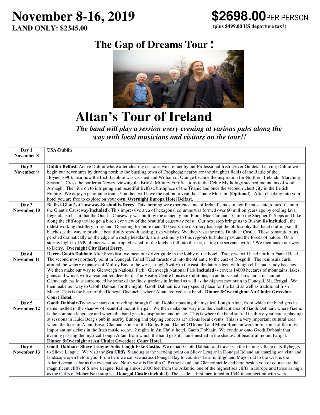 Altan's Tour of Ireland November 8-16, 2019