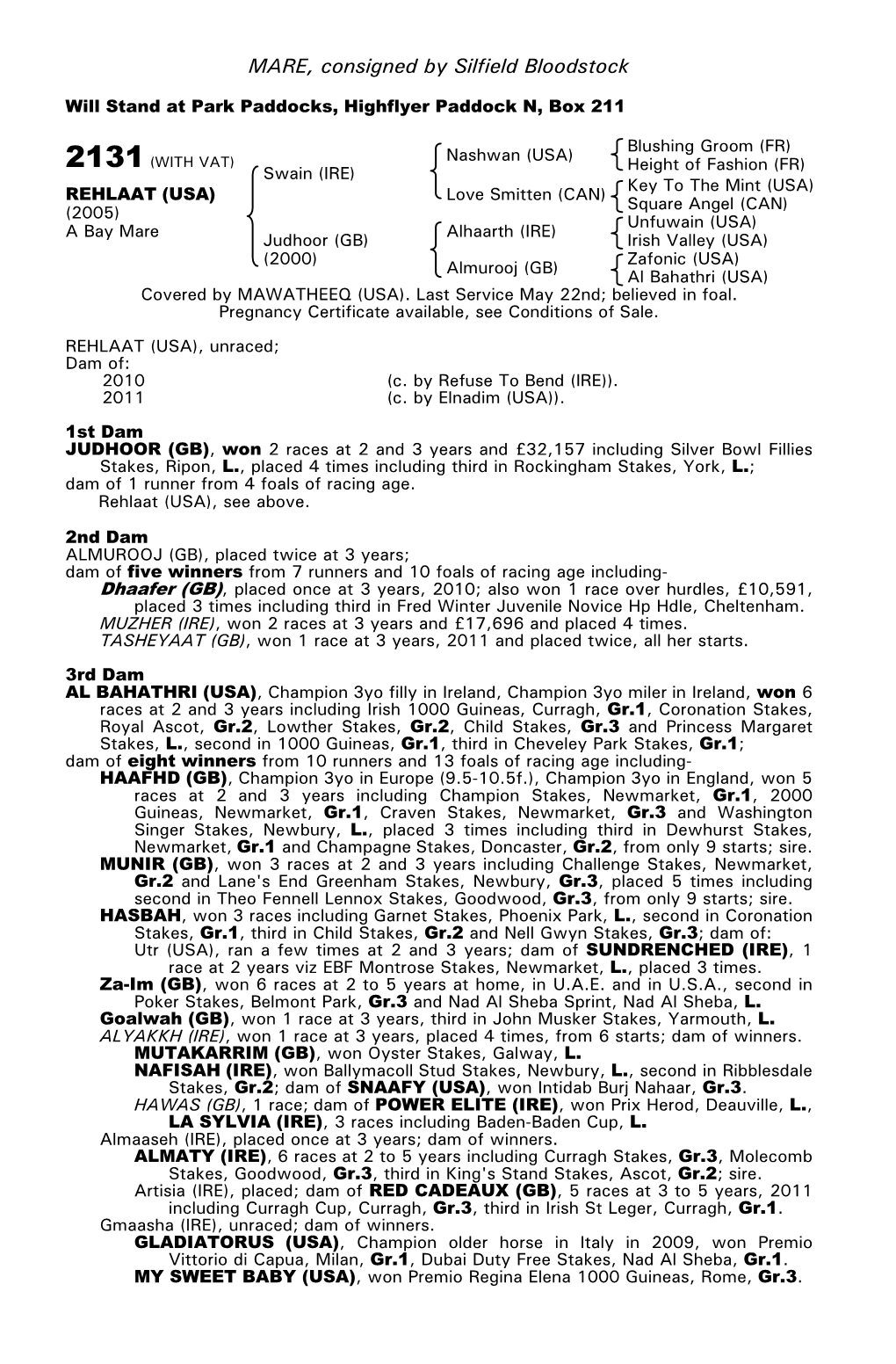 MARE, Consigned by Silfield Bloodstock