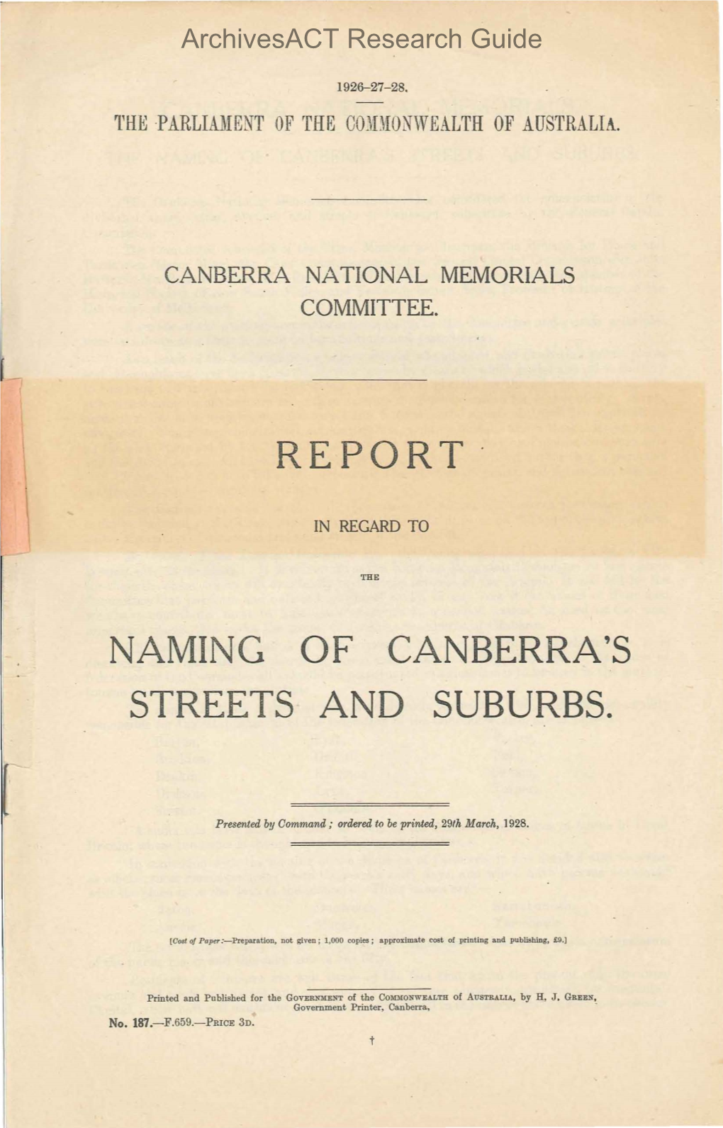 Report in Regard to the Naming of Canberra's Streets and Suburbs