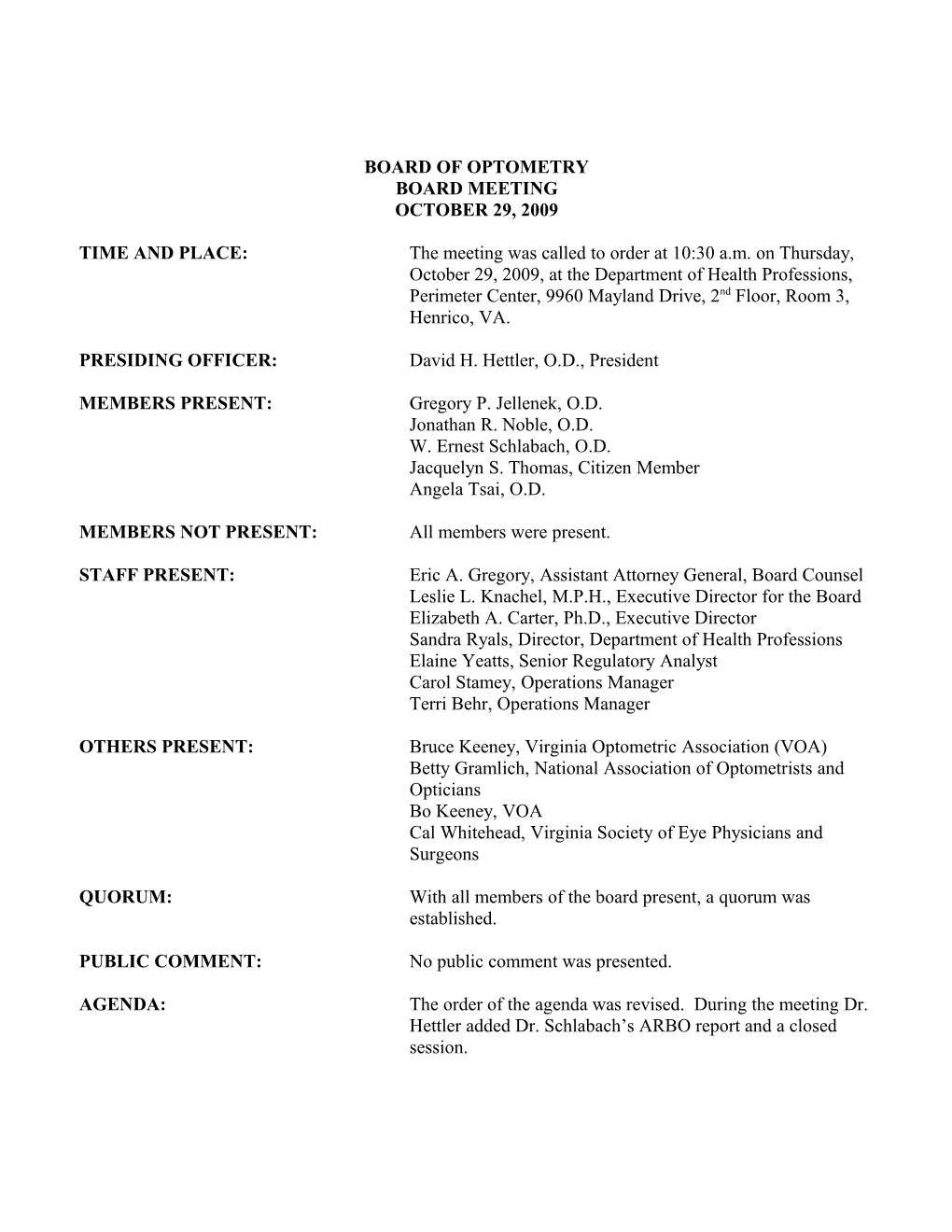 Board of Optometry Full Boad Minutes 10-29-2009