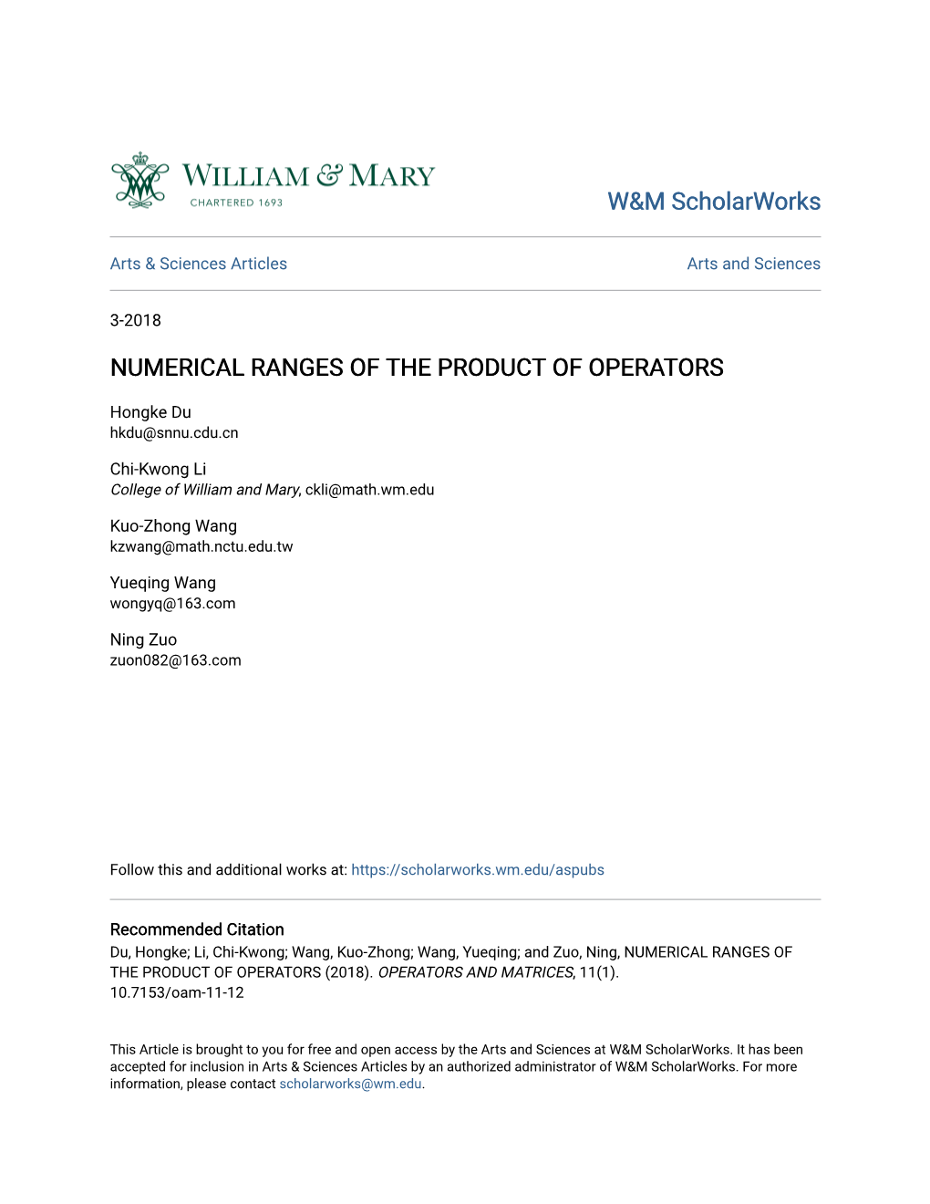 Numerical Ranges of the Product of Operators