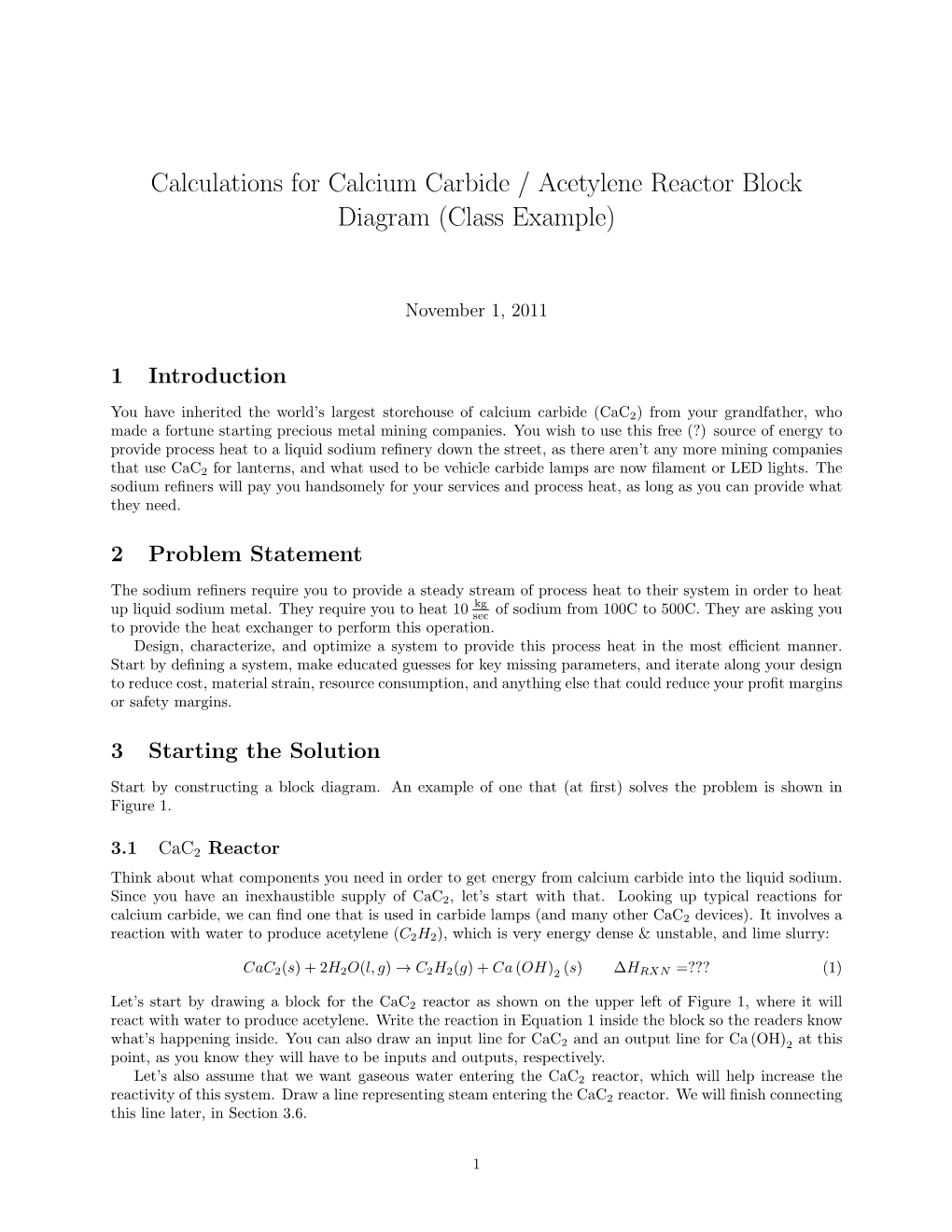 Calculations for Calcium Carbide / Acetylene Reactor Block Diagram (Class Example)