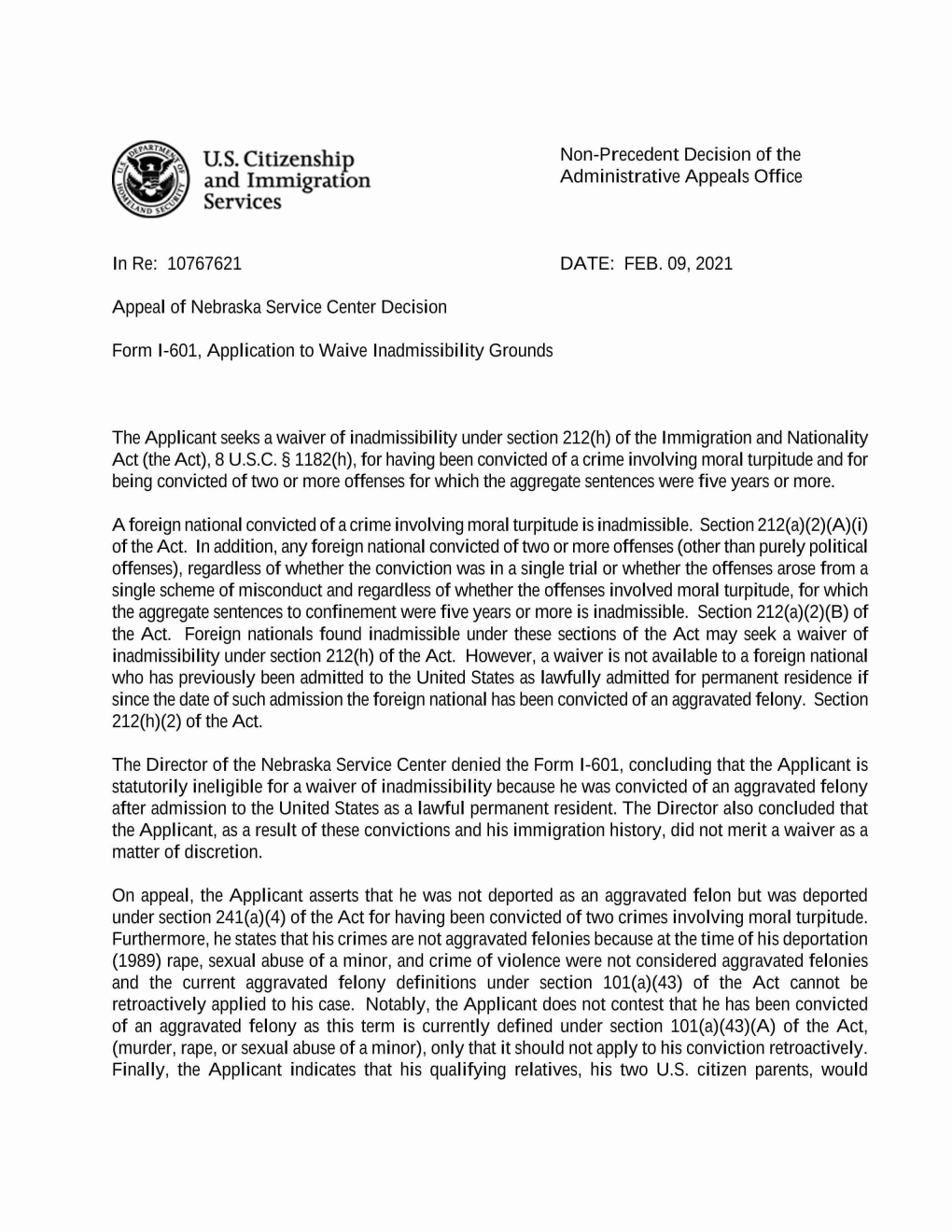 U.S. Citizenship Non-Precedent Decision of the and Immigration Administrative Appeals Office Services