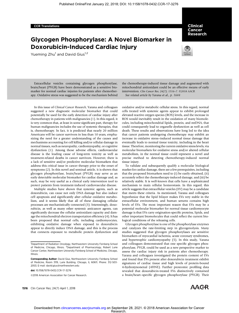 Glycogen Phosphorylase: a Novel Biomarker in Doxorubicin-Induced Cardiac Injury Yueming Zhu1 and David Gius1,2