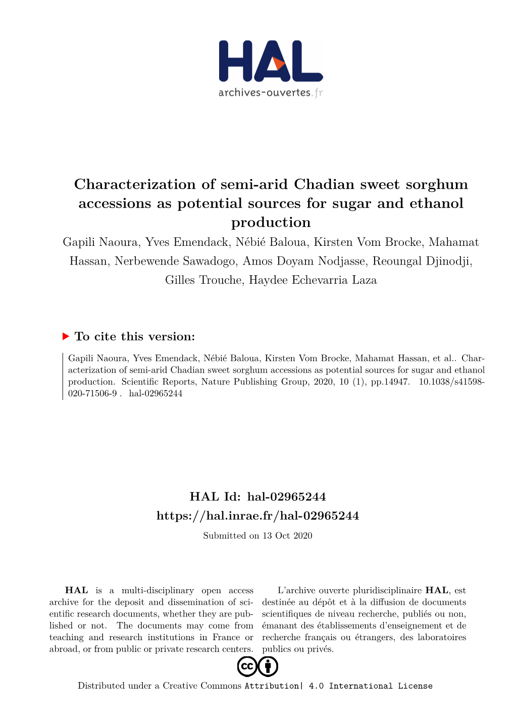 Characterization of Semi-Arid Chadian Sweet Sorghum Accessions As Potential Sources for Sugar and Ethanol Production