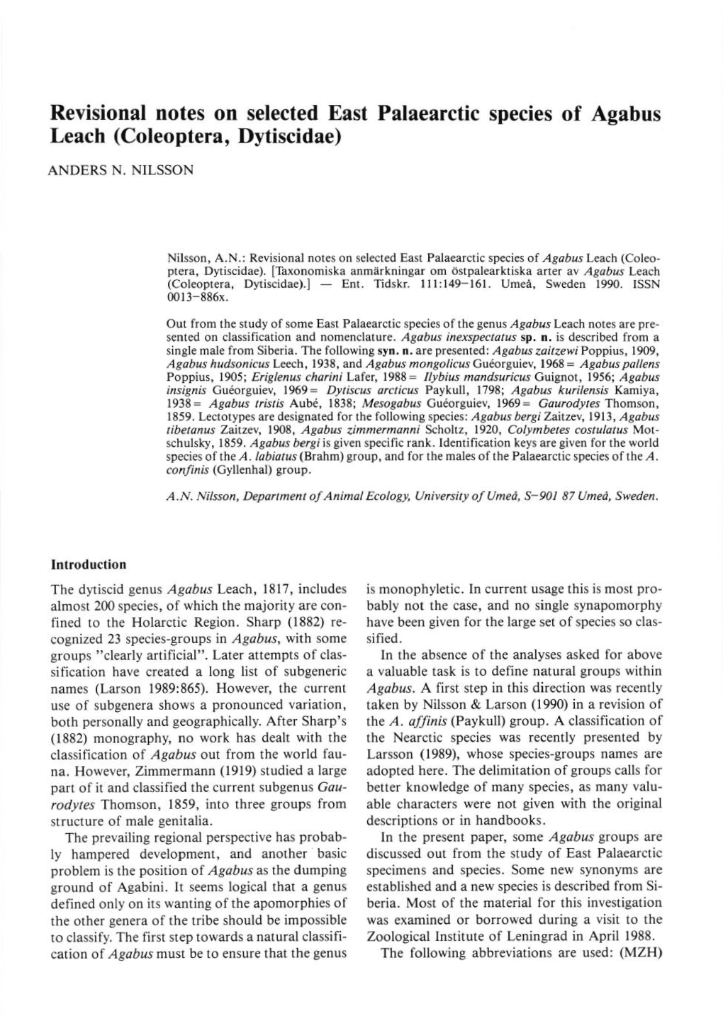 Revisional Notes on Selected East Palaearctic Species of Agabus