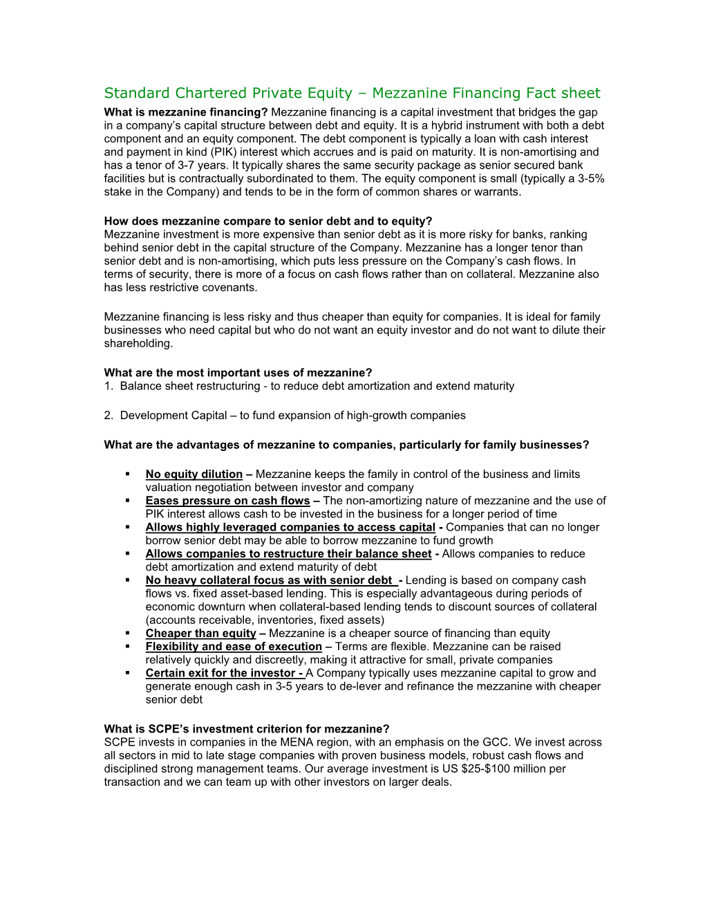 Standard Chartered Private Equity – Mezzanine Financing Fact Sheet