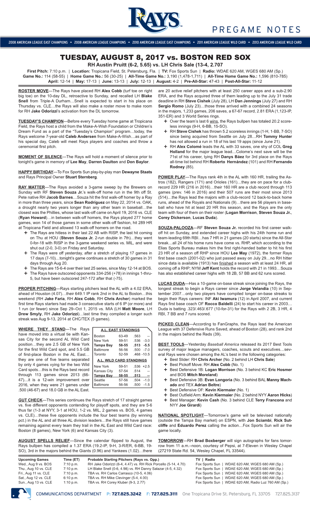 TUESDAY, AUGUST 8, 2017 Vs. BOSTON RED SOX RH Austin Pruitt (6-2, 5.65) Vs
