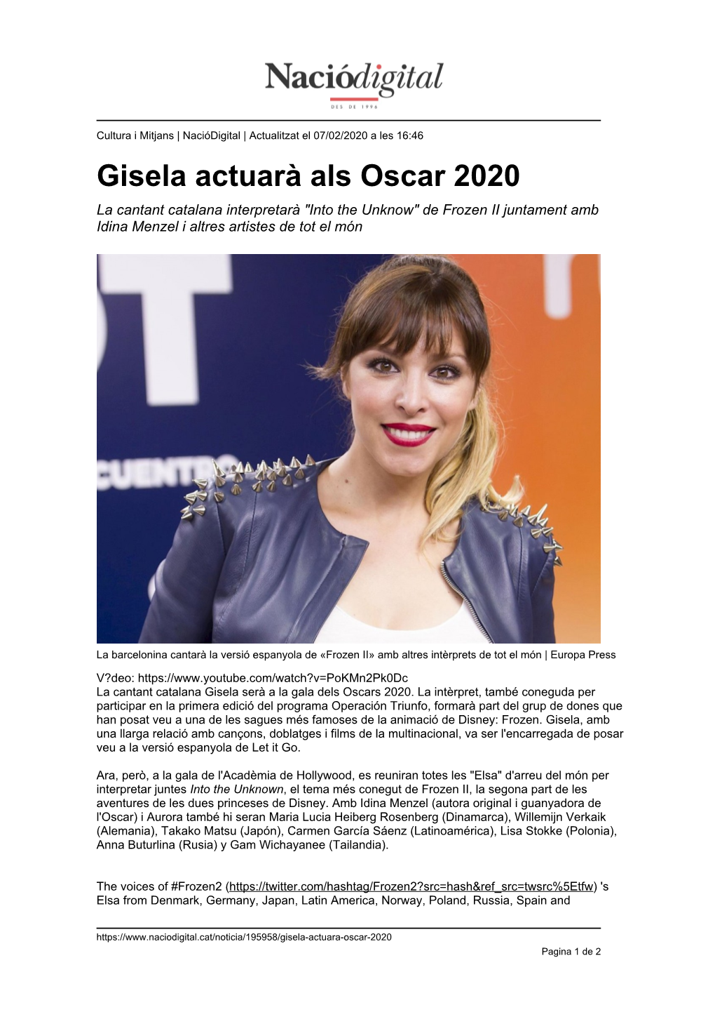 Gisela Actuarà Als Oscar 2020 La Cantant Catalana Interpretarà "Into the Unknow" De Frozen II Juntament Amb Idina Menzel I Altres Artistes De Tot El Món