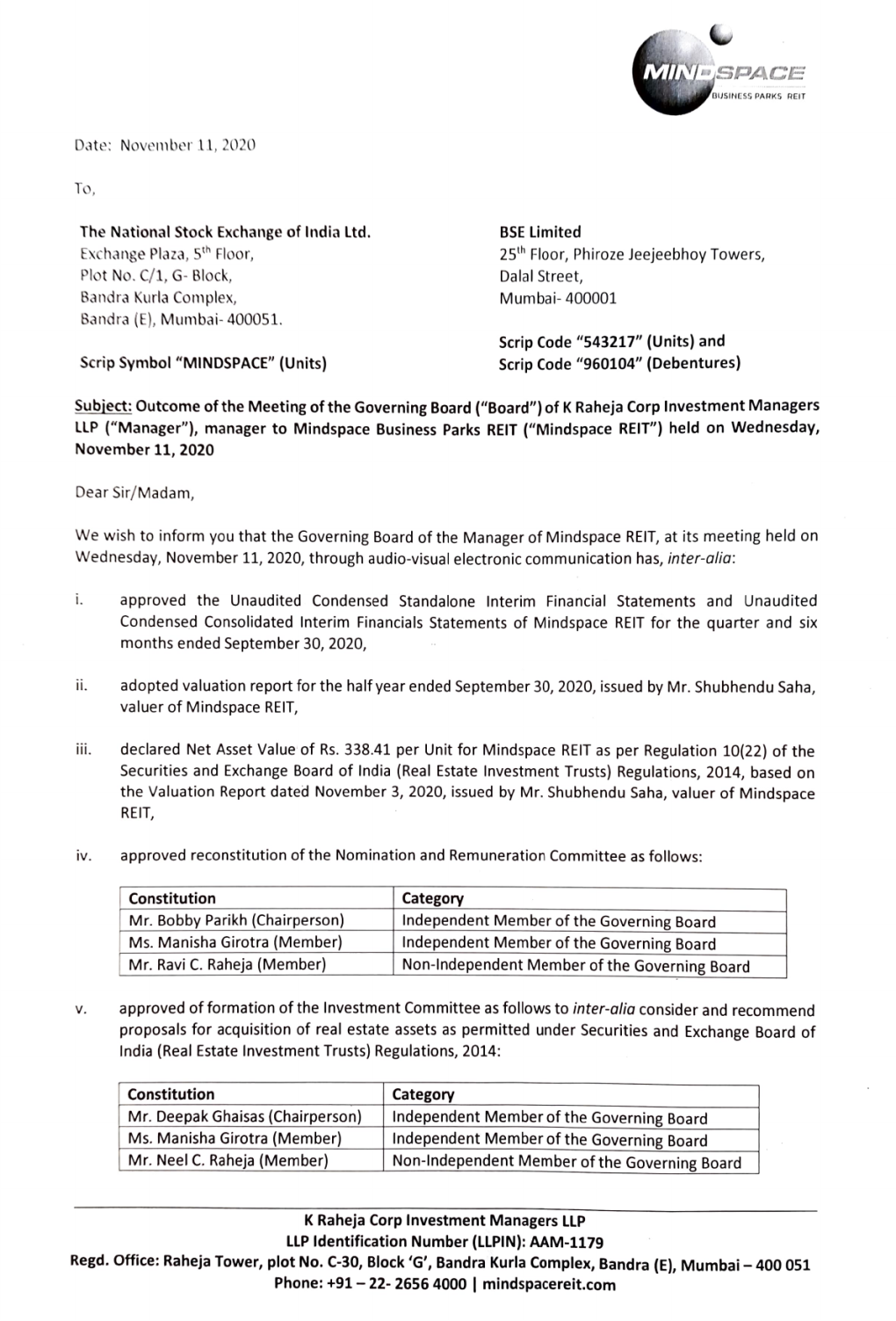 Mindspace REIT”) Held on Wednesday, November 11, 2020