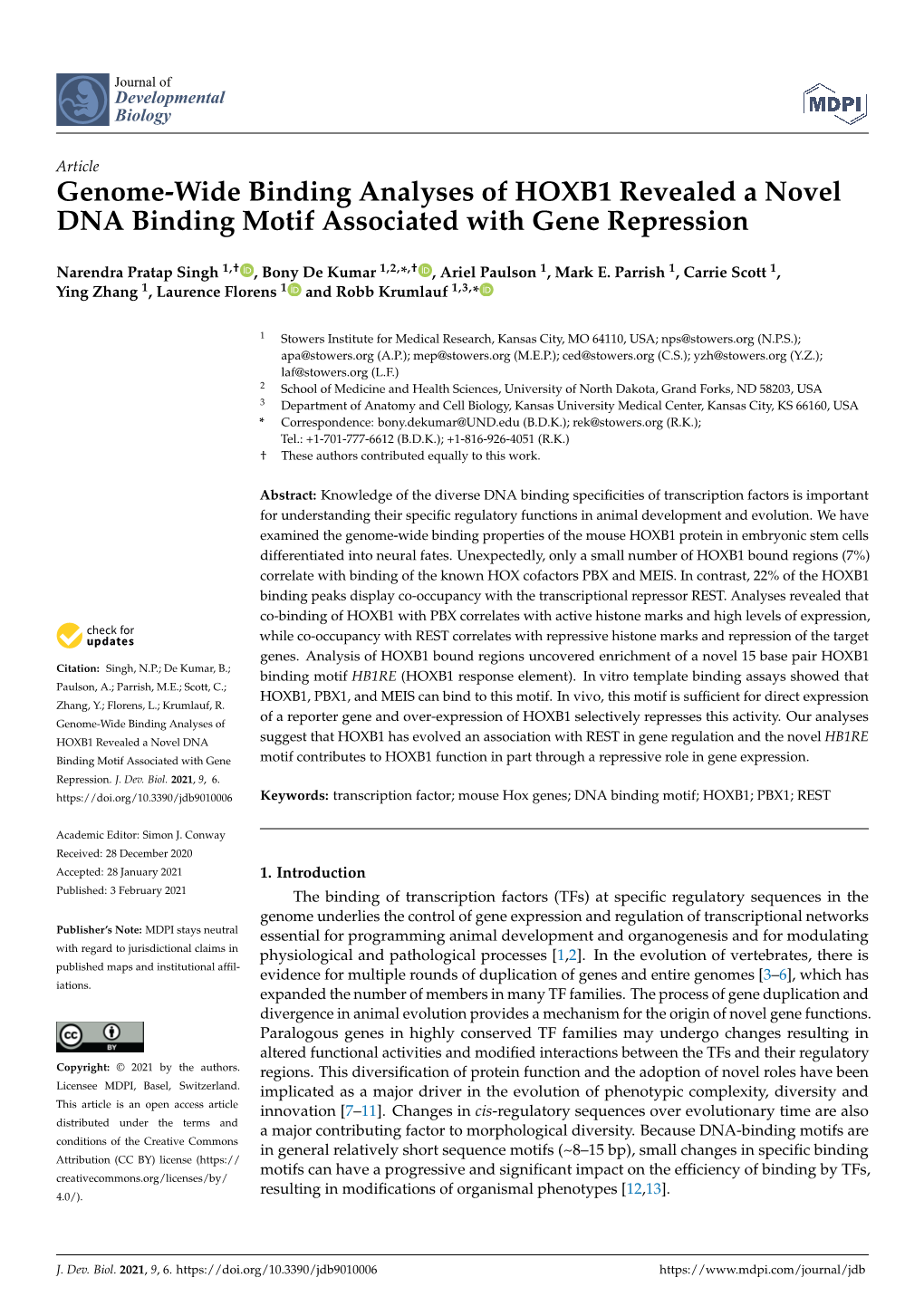 Genome-Wide Binding Analyses of HOXB1 Revealed a Novel DNA Binding Motif Associated with Gene Repression