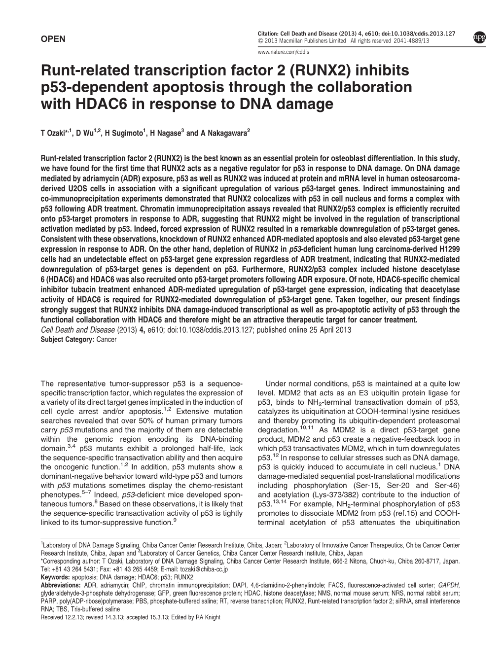 RUNX2) Inhibits P53-Dependent Apoptosis Through the Collaboration with HDAC6 in Response to DNA Damage
