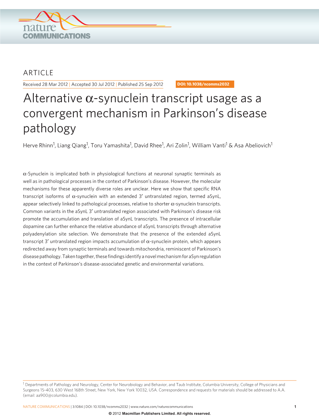 Synuclein Transcript Usage As a Convergent Mechanism in Parkinson’S Disease Pathology