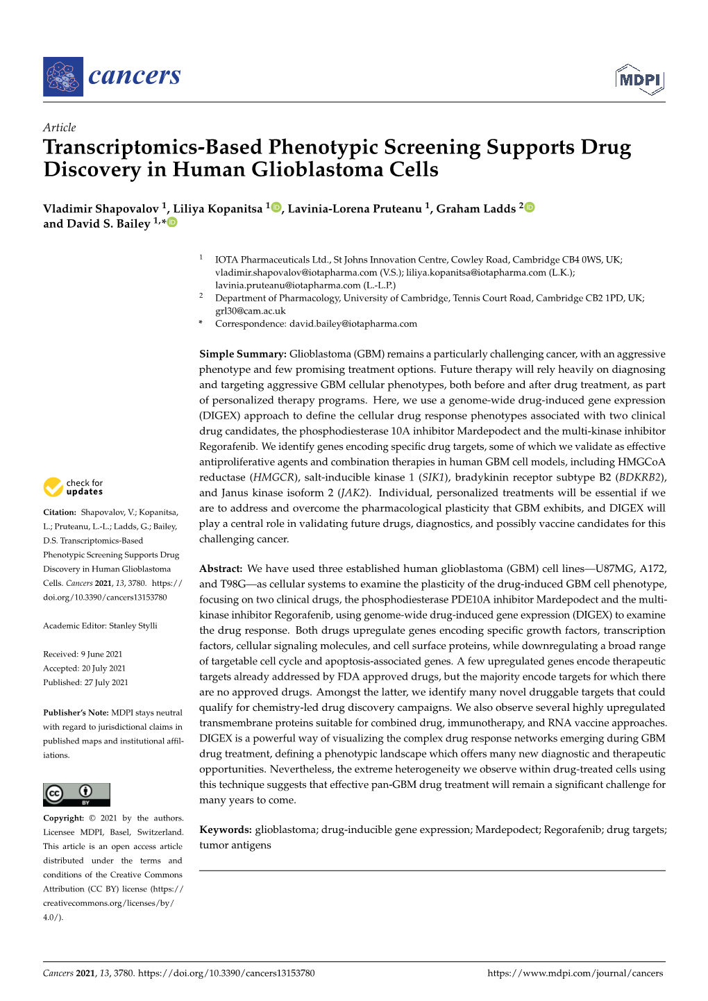 Transcriptomics-Based Phenotypic Screening Supports Drug Discovery in Human Glioblastoma Cells