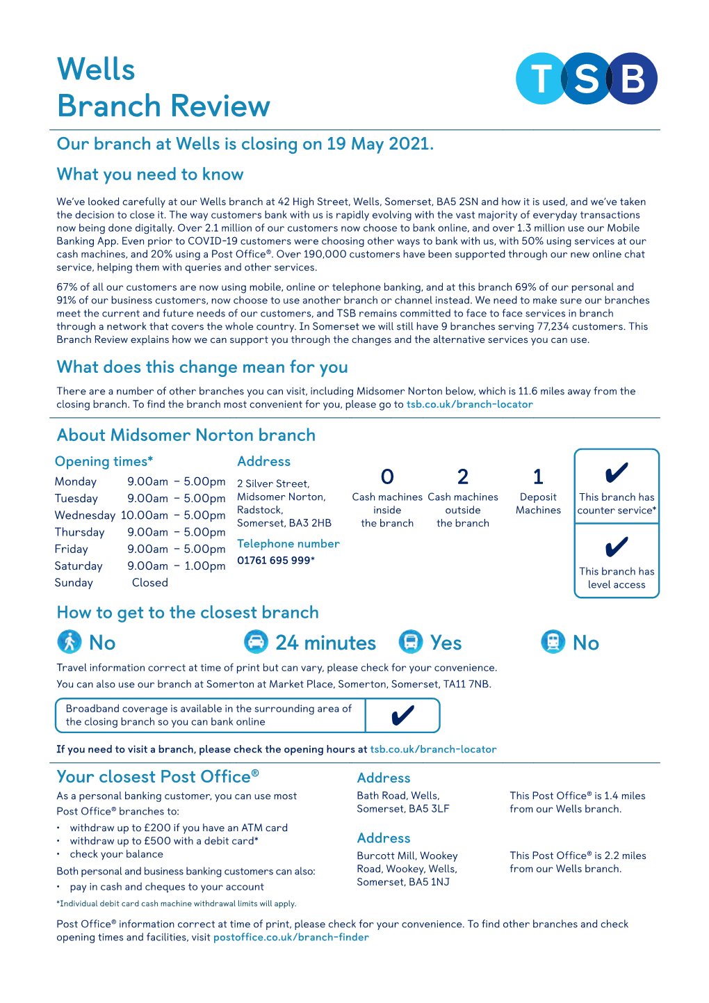 Wells Branch Review Our Branch at Wells Is Closing on 19 May 2021