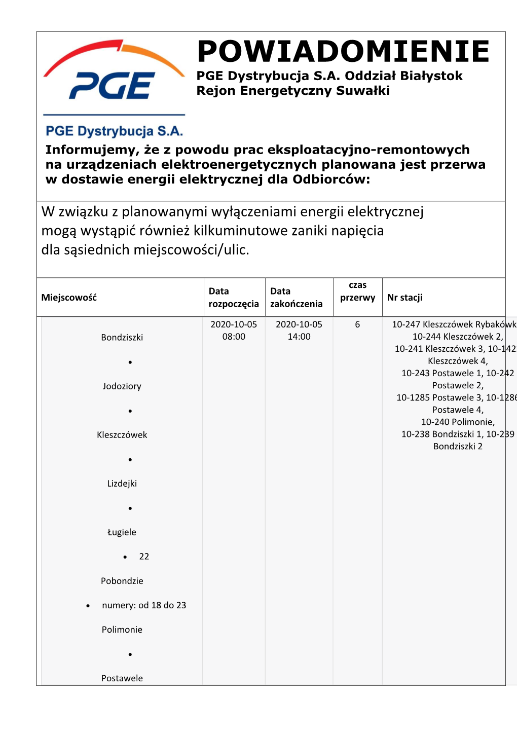 POWIADOMIENIE PGE Dystrybucja S.A