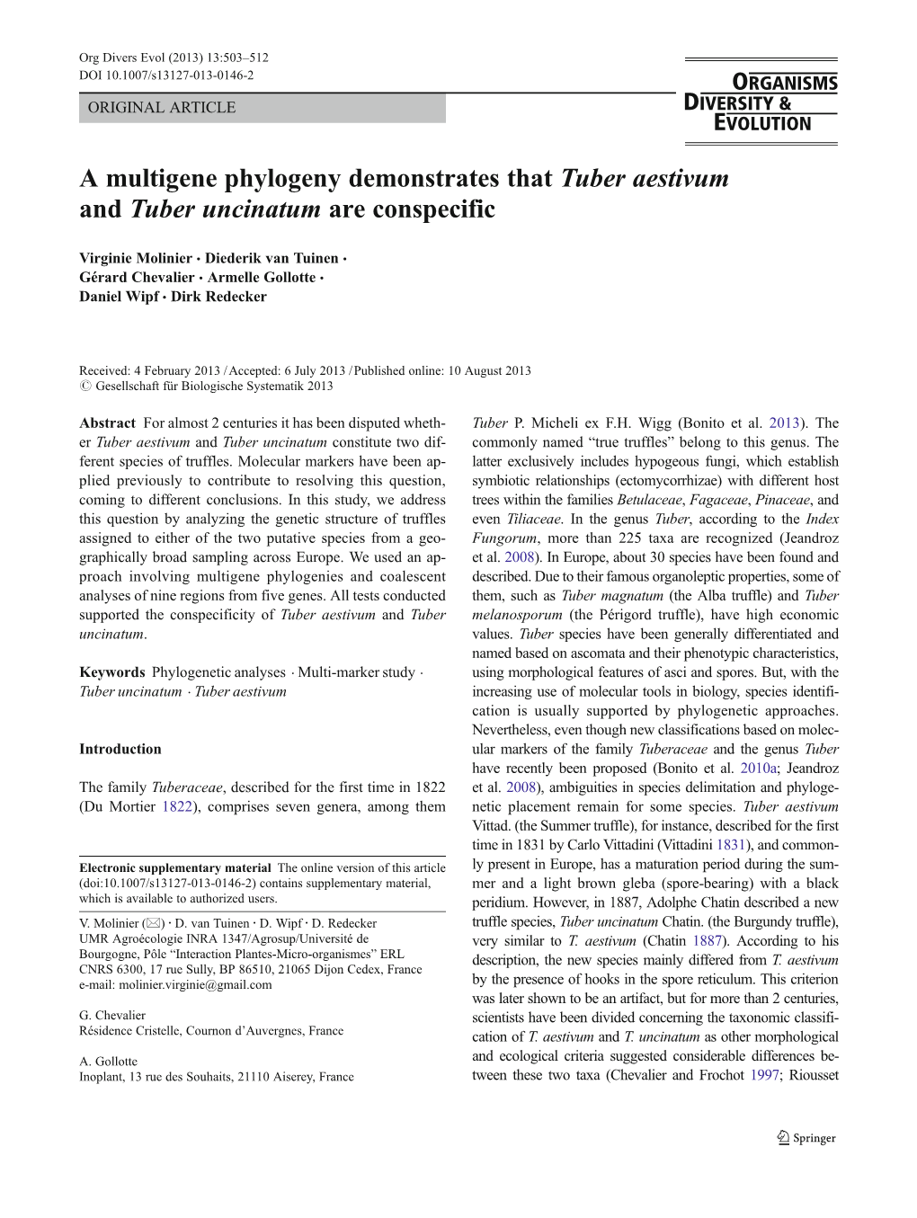 A Multigene Phylogeny Demonstrates That Tuber Aestivum and Tuber Uncinatum Are Conspecific