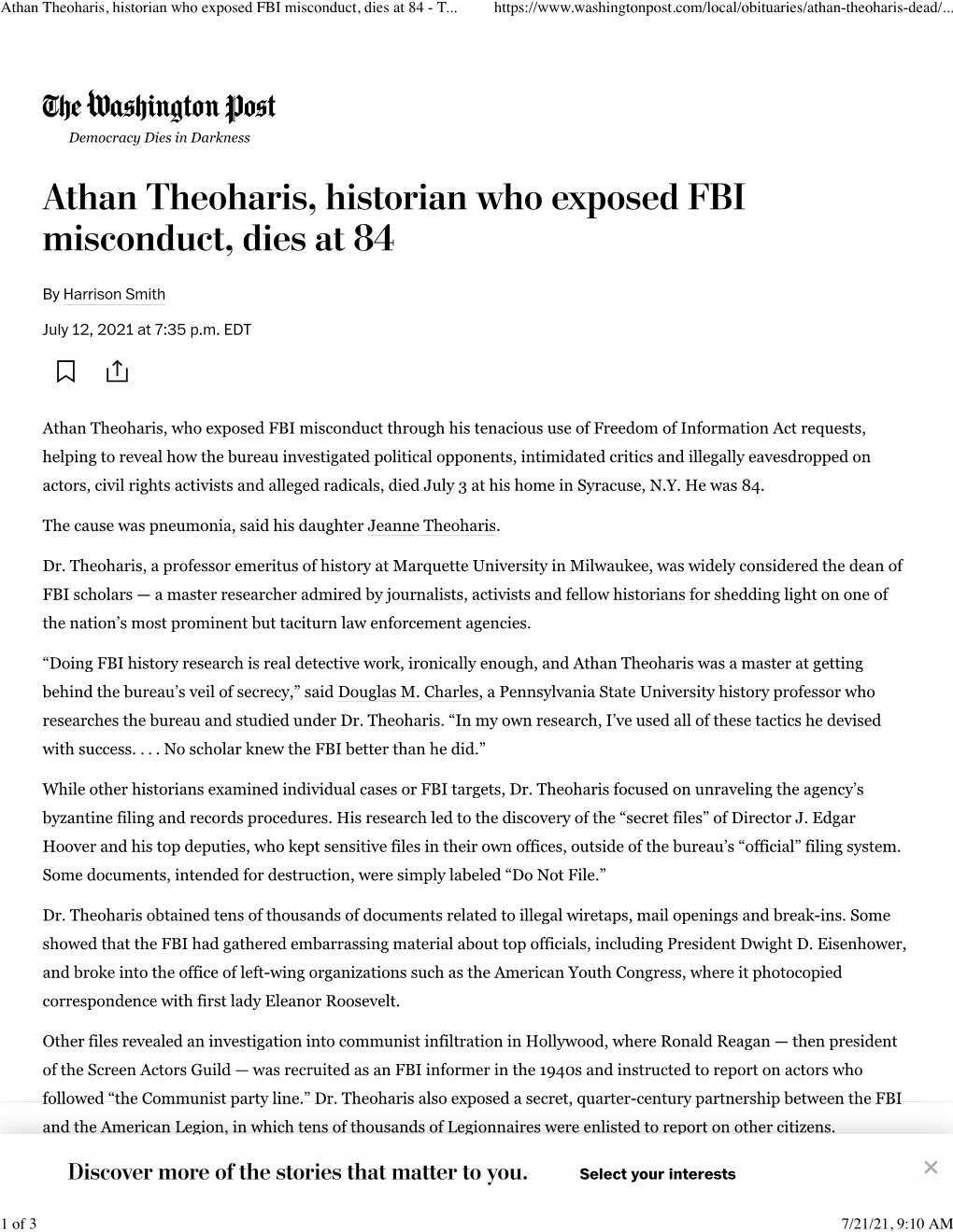 Athan Theoharis, Historian Who Exposed FBI Misconduct, Dies at 84 - T