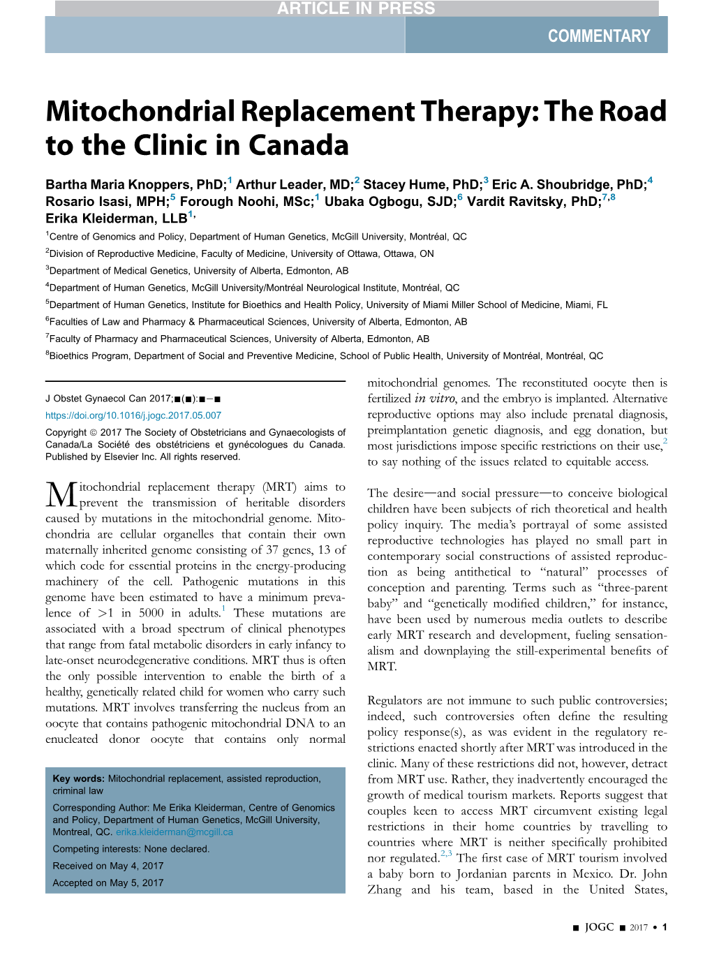 Mitochondrial Replacement Therapy: the Road to the Clinic in Canada