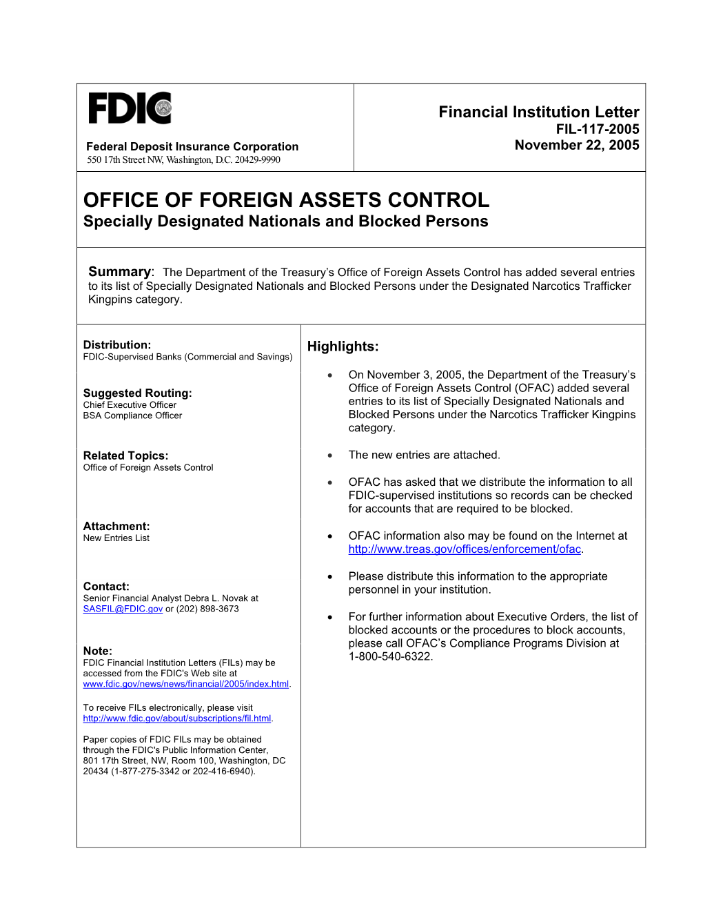 FIL-117-2005 Federal Deposit Insurance Corporation November 22, 2005 550 17Th Street NW, Washington, D.C